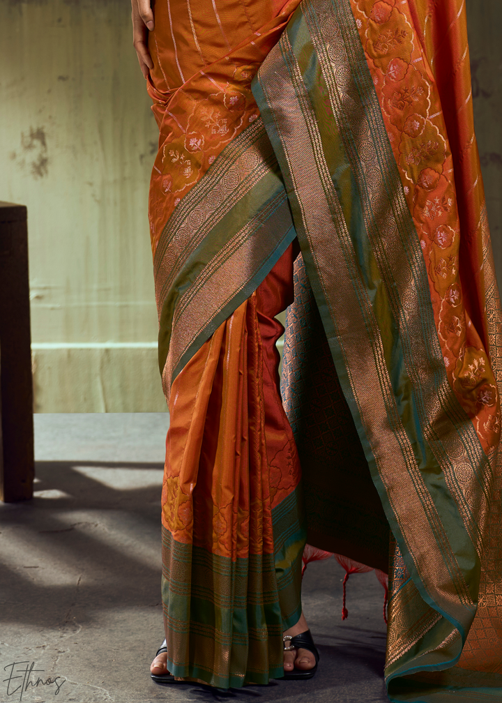 Gilded Saffron Moss Pochampally Ikkat Silk Saree
