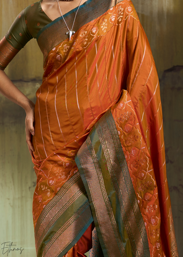 Gilded Saffron Moss Pochampally Ikkat Silk Saree