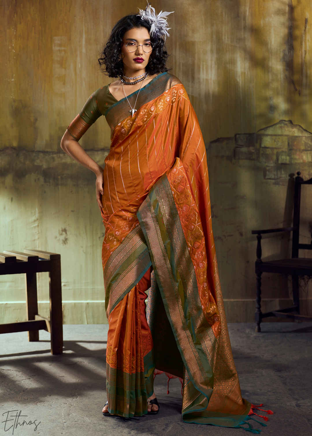 Gilded Saffron Moss Pochampally Ikkat Silk Saree