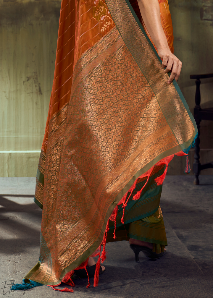 Gilded Saffron Moss Pochampally Ikkat Silk Saree
