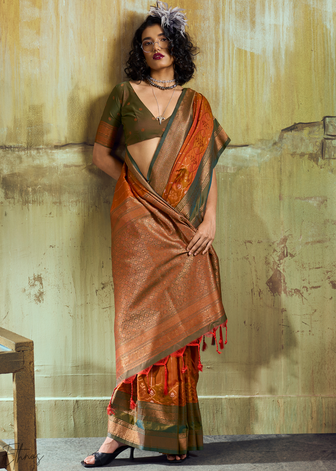 Gilded Saffron Moss Pochampally Ikkat Silk Saree