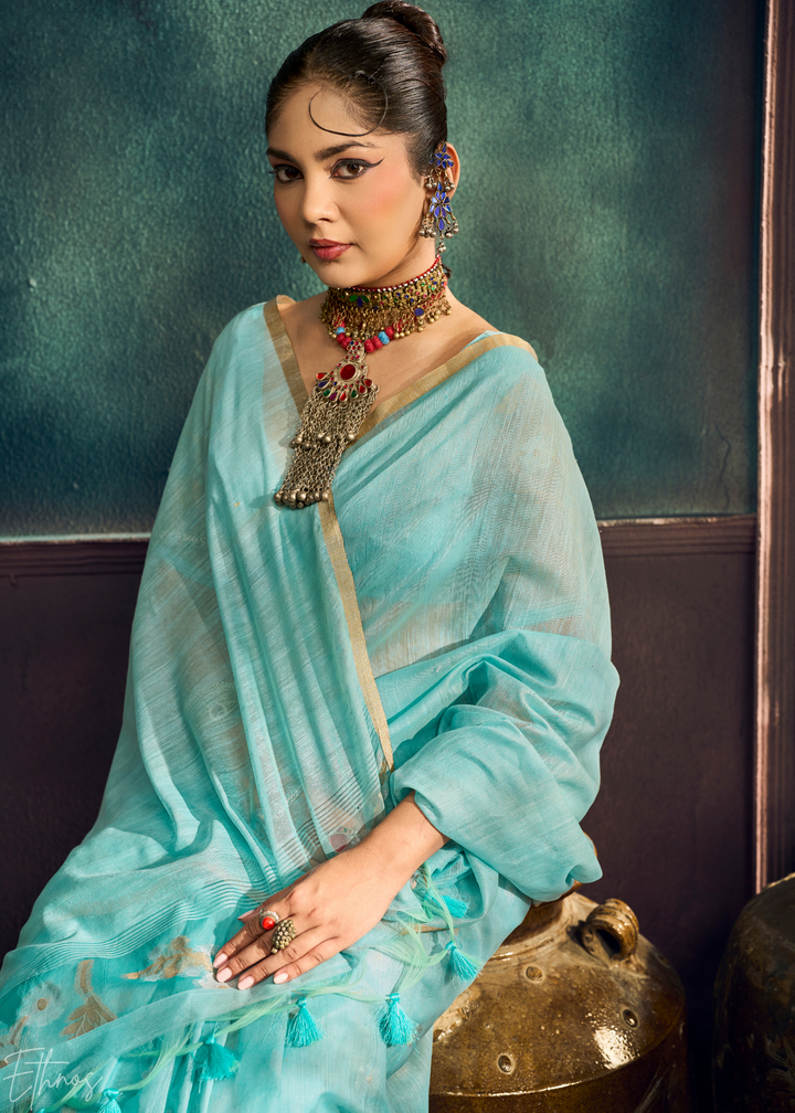 Glacier Blue Artisan Floral Weave Munga Cotton Saree