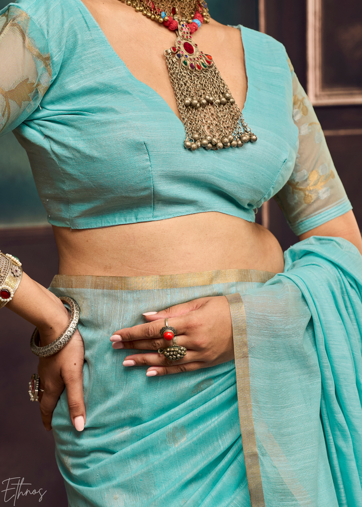 Glacier Blue Artisan Floral Weave Munga Cotton Saree