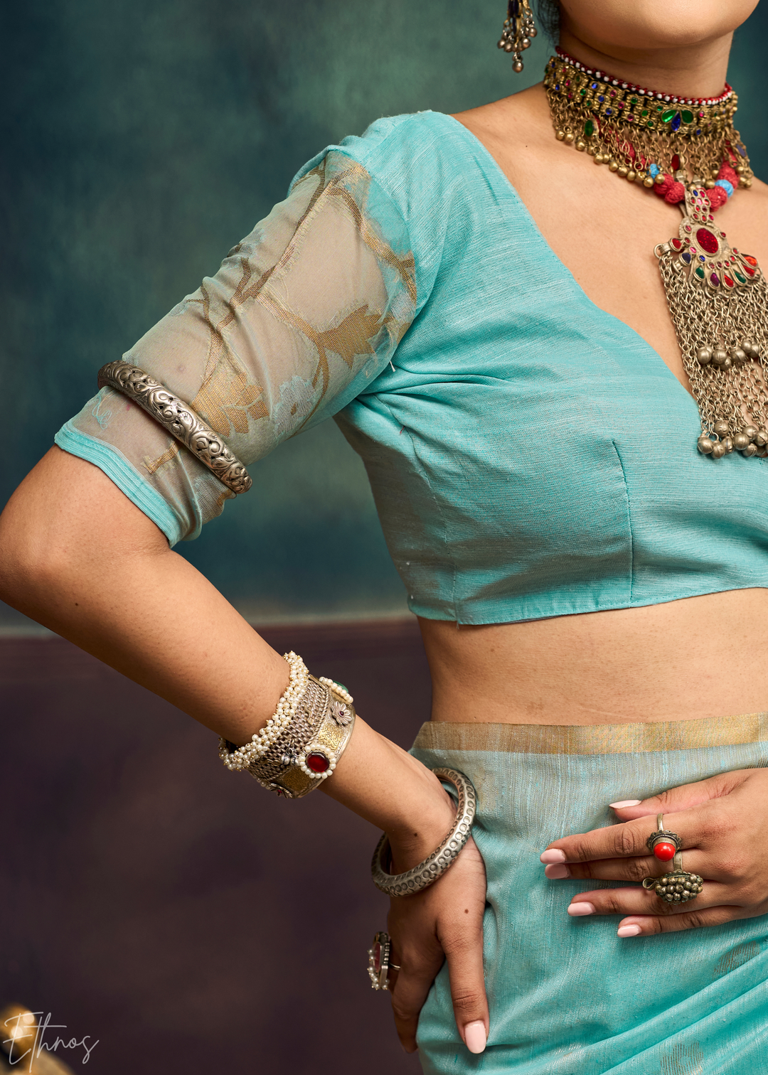 Glacier Blue Artisan Floral Weave Munga Cotton Saree
