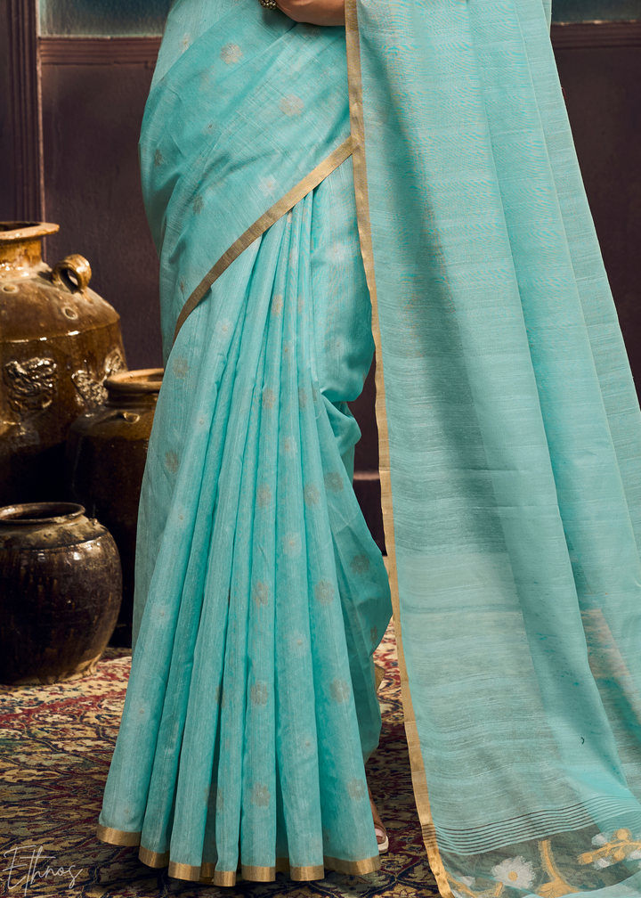 Glacier Blue Artisan Floral Weave Munga Cotton Saree
