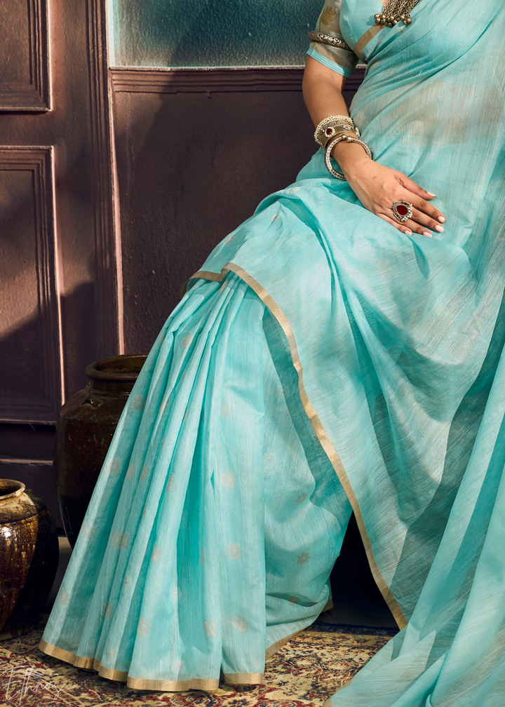 Glacier Blue Artisan Floral Weave Munga Cotton Saree