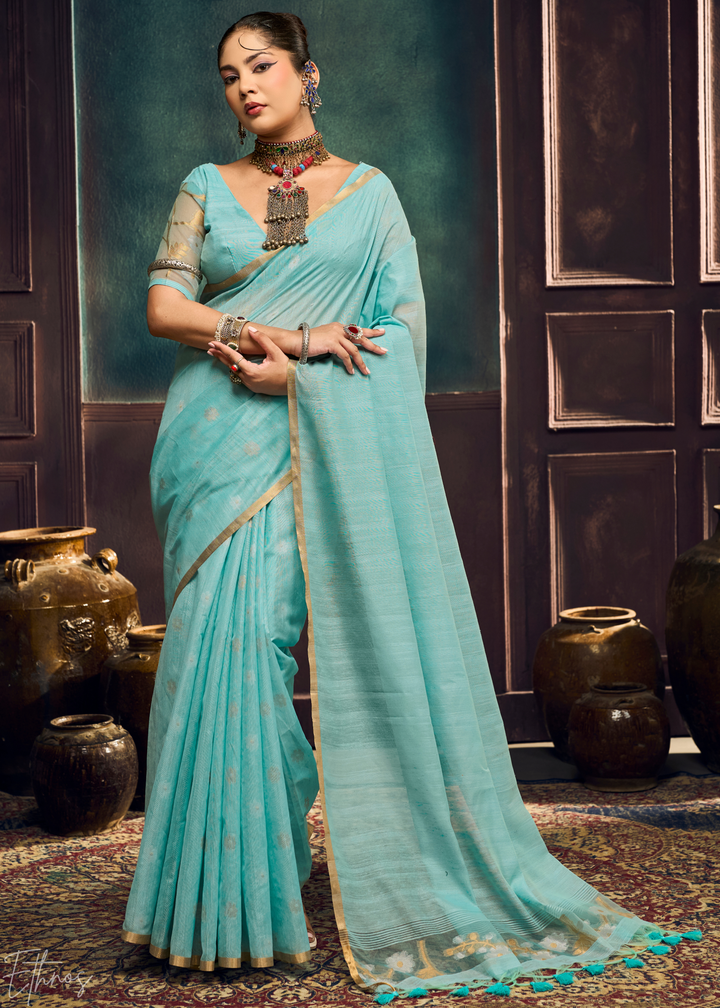 Glacier Blue Artisan Floral Weave Munga Cotton Saree
