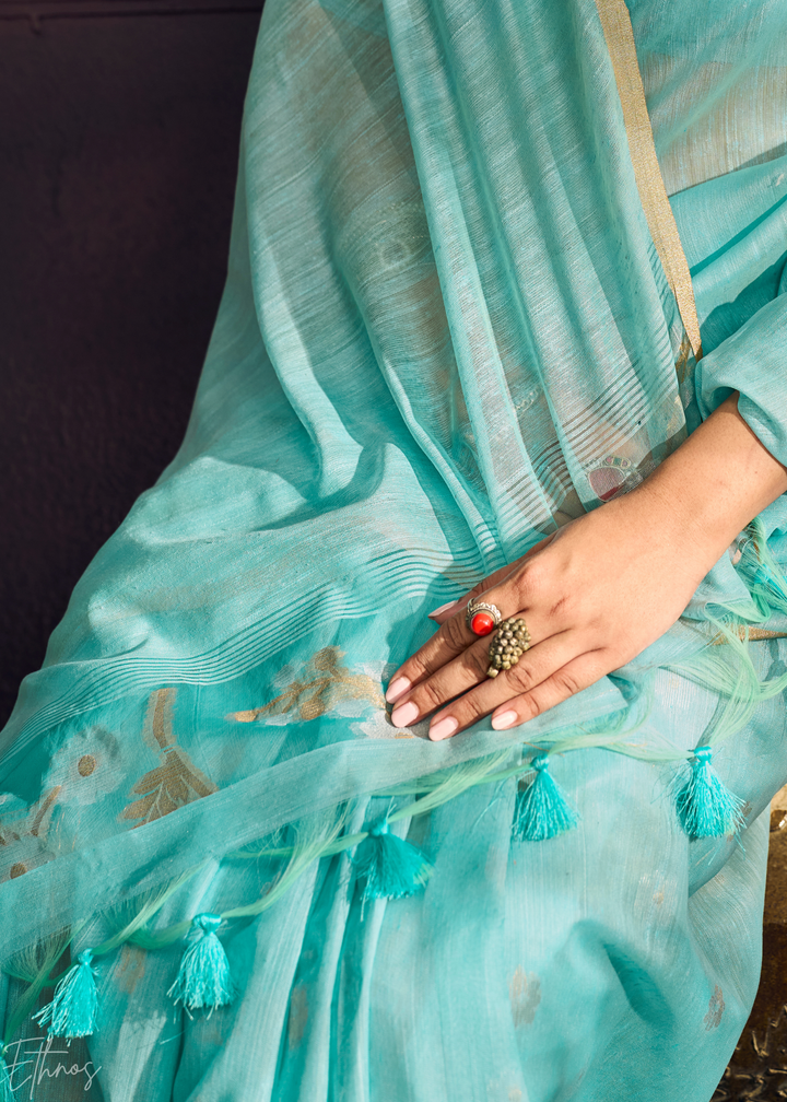 Glacier Blue Artisan Floral Weave Munga Cotton Saree
