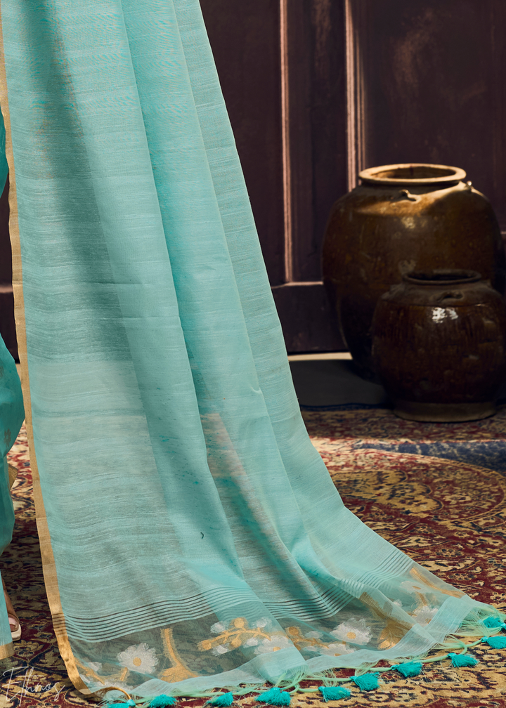 Glacier Blue Artisan Floral Weave Munga Cotton Saree