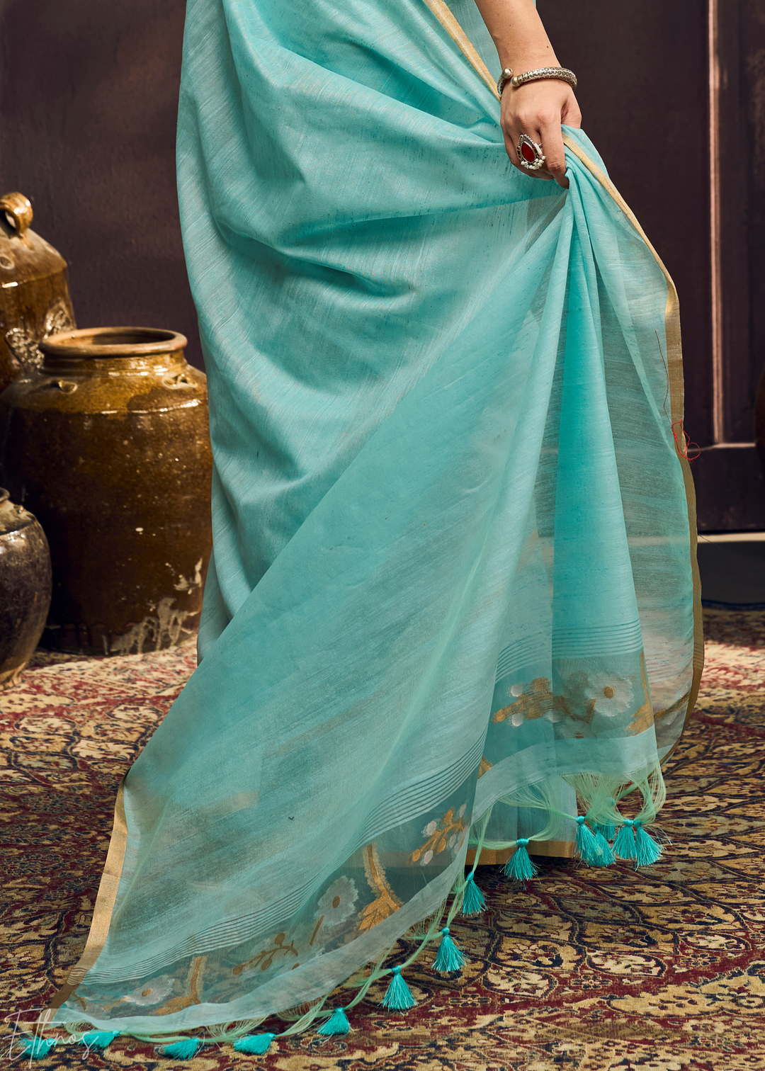 Glacier Blue Artisan Floral Weave Munga Cotton Saree