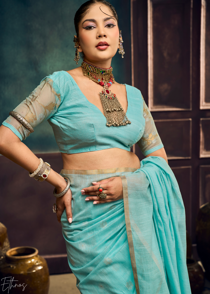 Glacier Blue Artisan Floral Weave Munga Cotton Saree