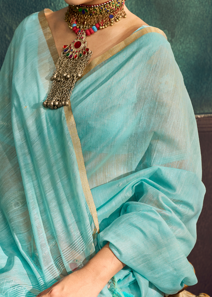 Glacier Blue Artisan Floral Weave Munga Cotton Saree