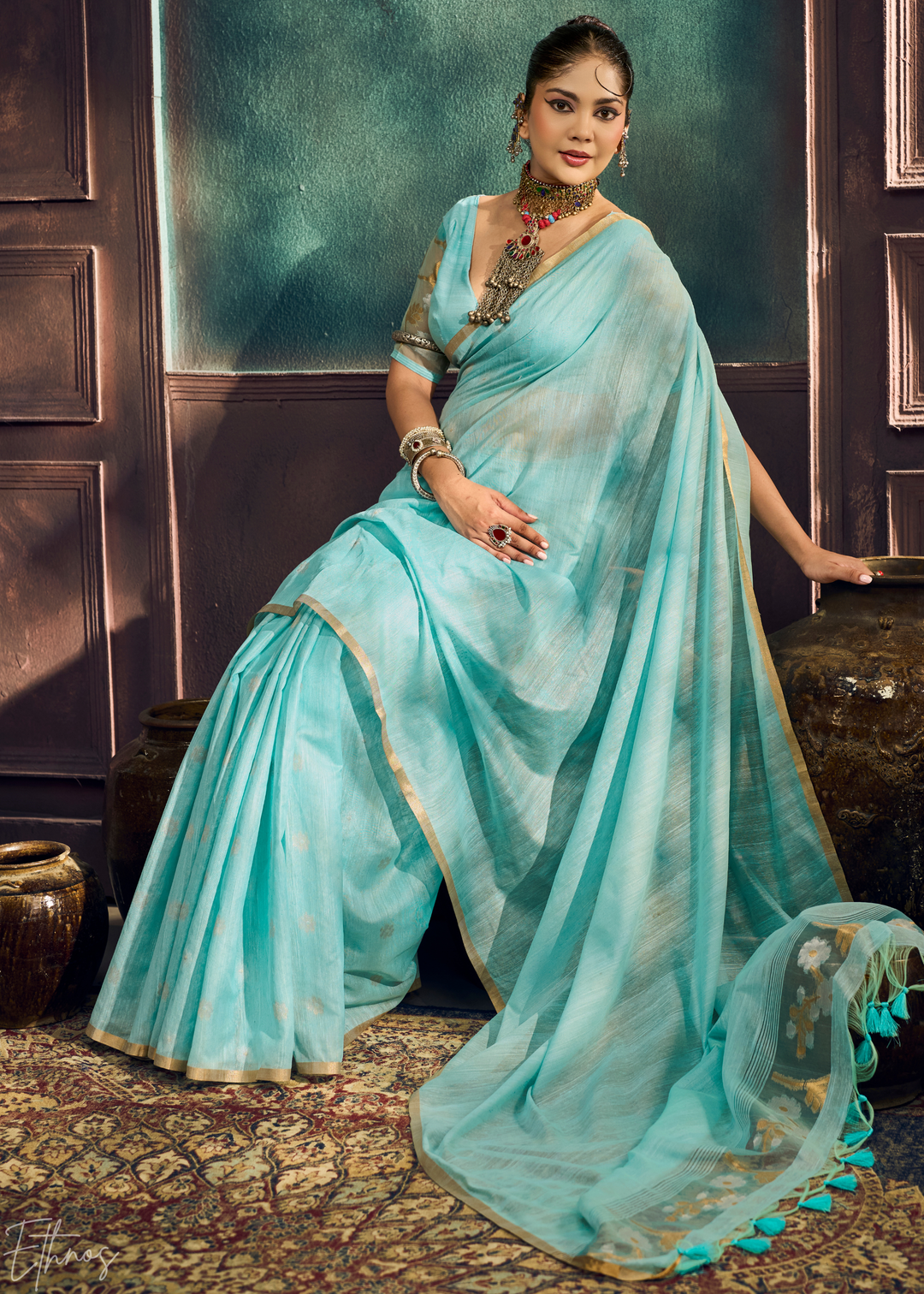 Glacier Blue Artisan Floral Weave Munga Cotton Saree