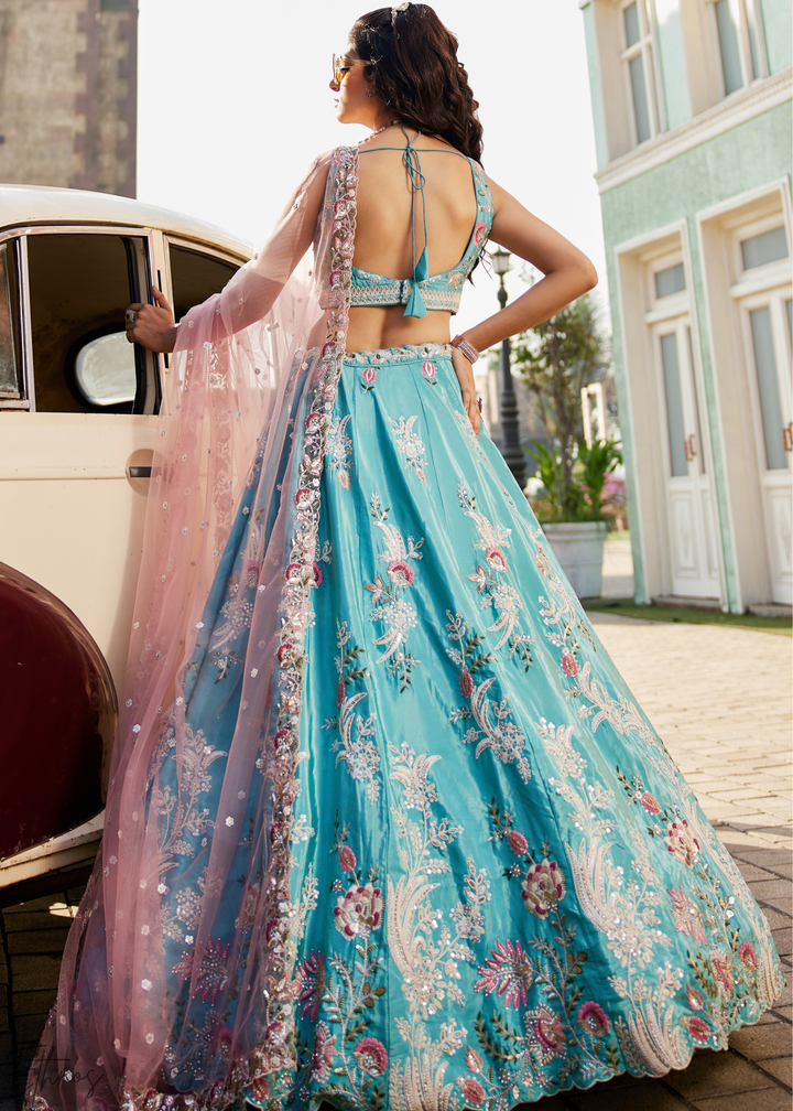 Glacier Blue Radiant Blossom Satin Lehenga