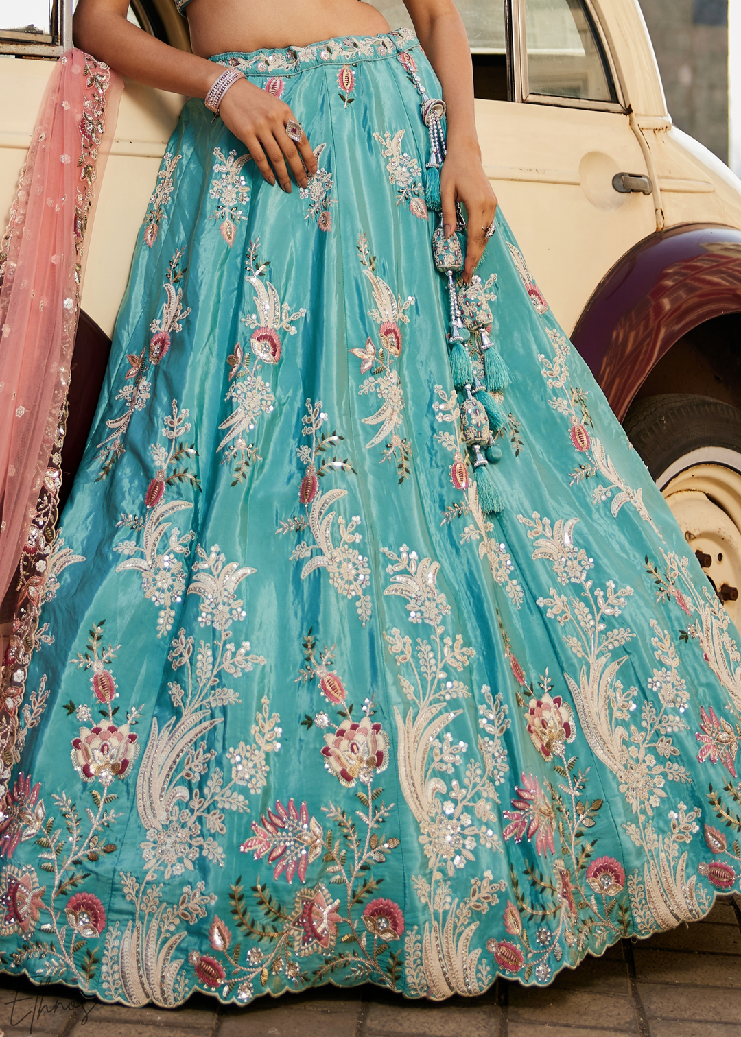Glacier Blue Radiant Blossom Satin Lehenga