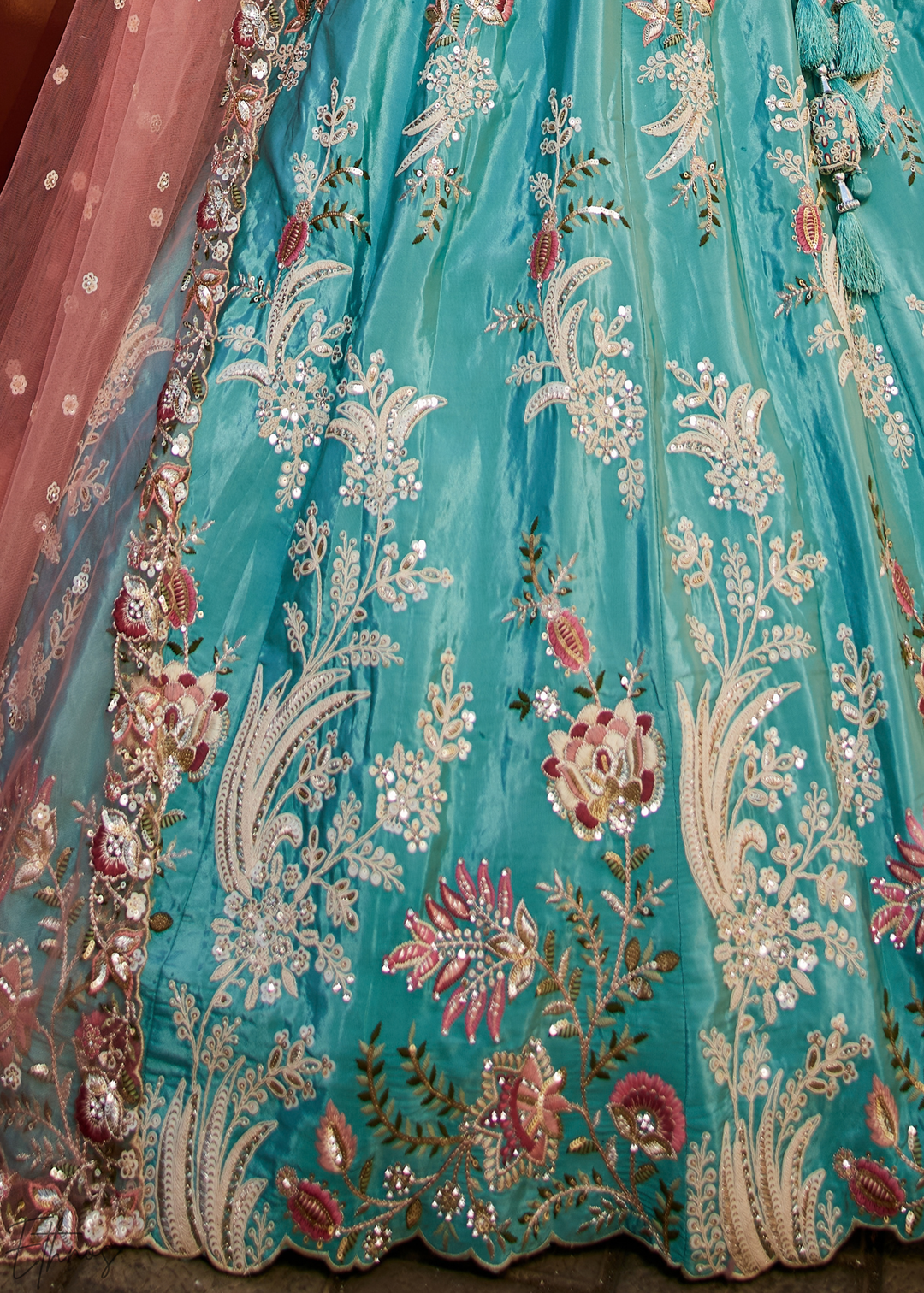 Glacier Blue Radiant Blossom Satin Lehenga