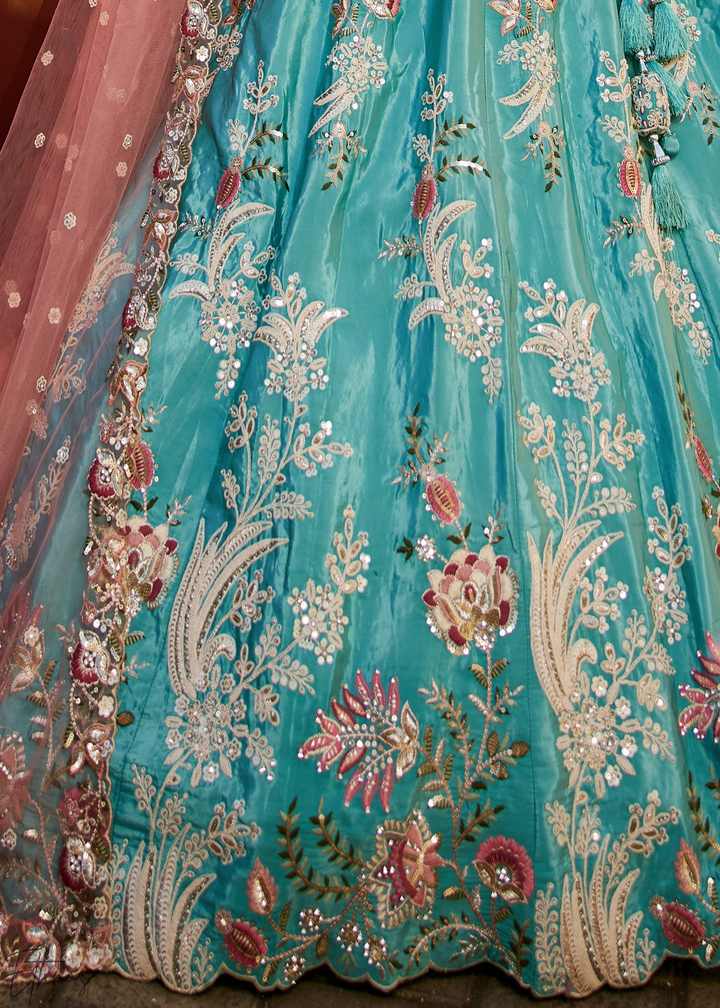 Glacier Blue Radiant Blossom Satin Lehenga