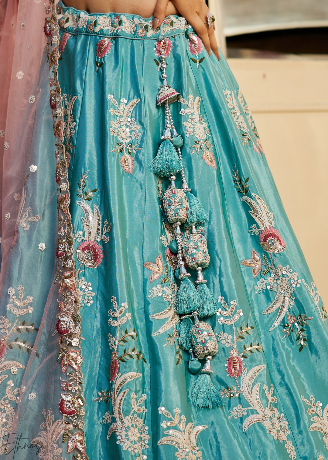 Glacier Blue Radiant Blossom Satin Lehenga