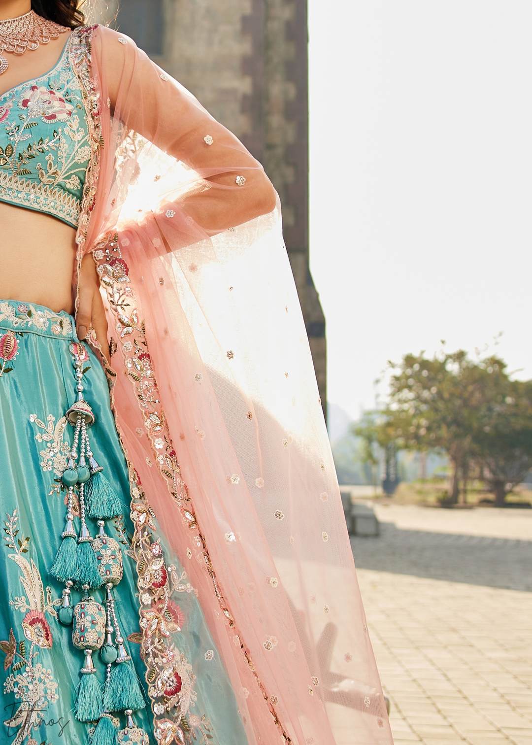Glacier Blue Radiant Blossom Satin Lehenga