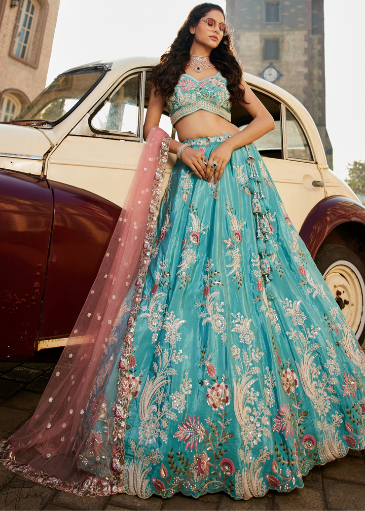 Glacier Blue Radiant Blossom Satin Lehenga