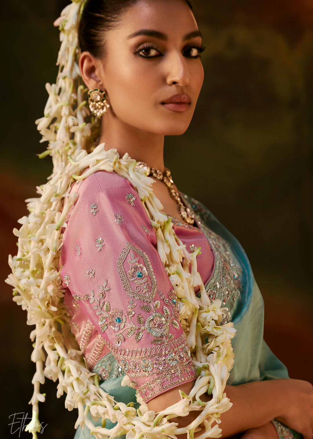 Glacier Blue Tambour Embroidered Border Tissue Saree