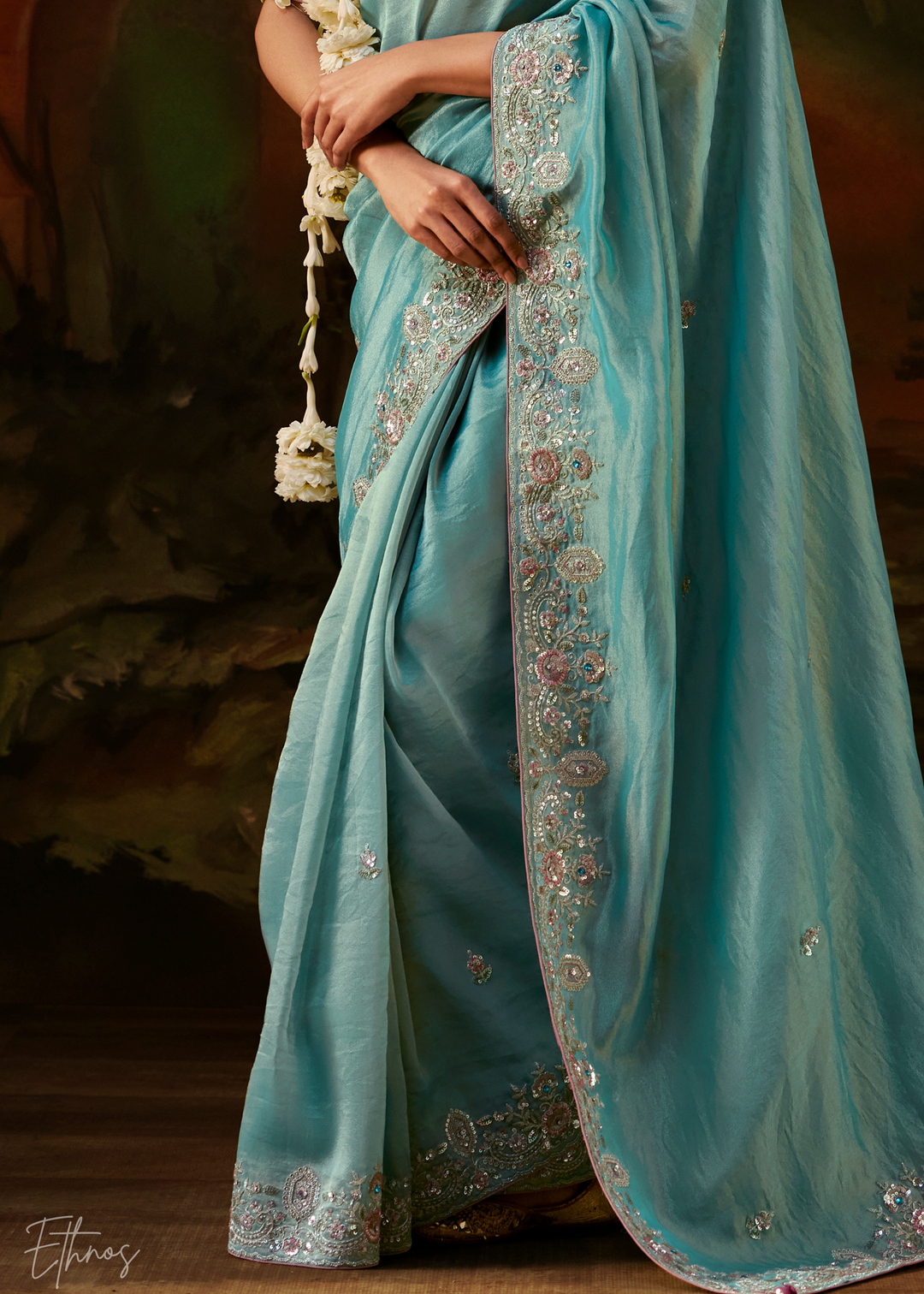 Glacier Blue Tambour Embroidered Border Tissue Saree