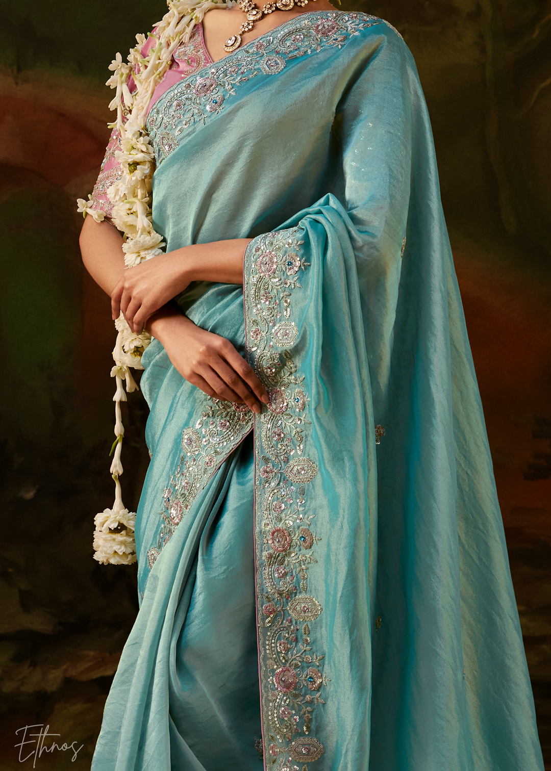 Glacier Blue Tambour Embroidered Border Tissue Saree