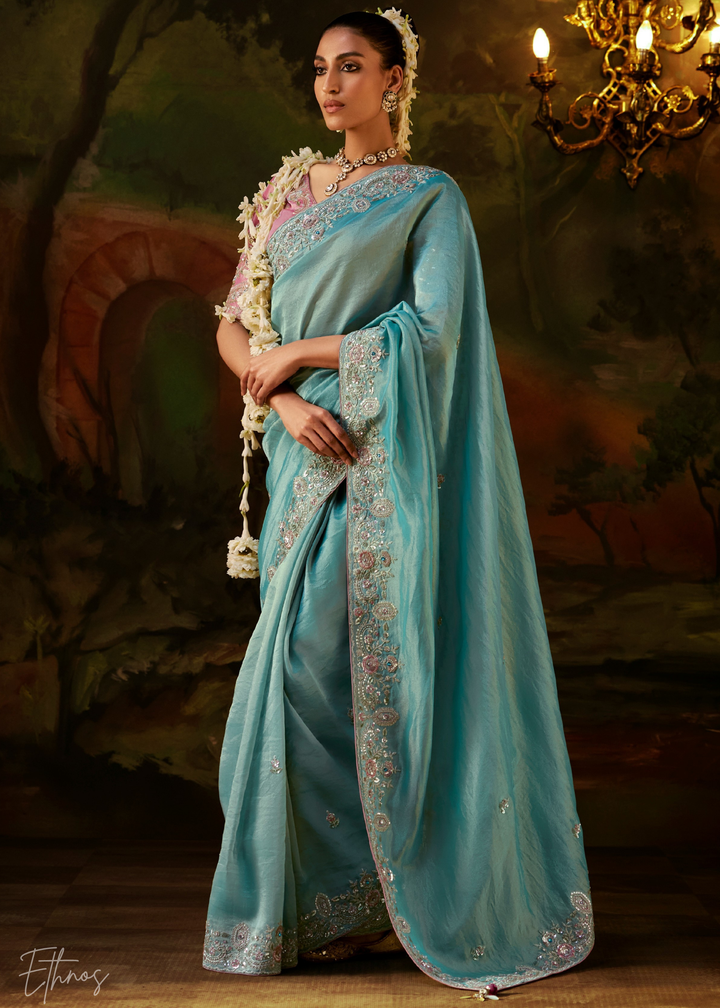 Glacier Blue Tambour Embroidered Border Tissue Saree