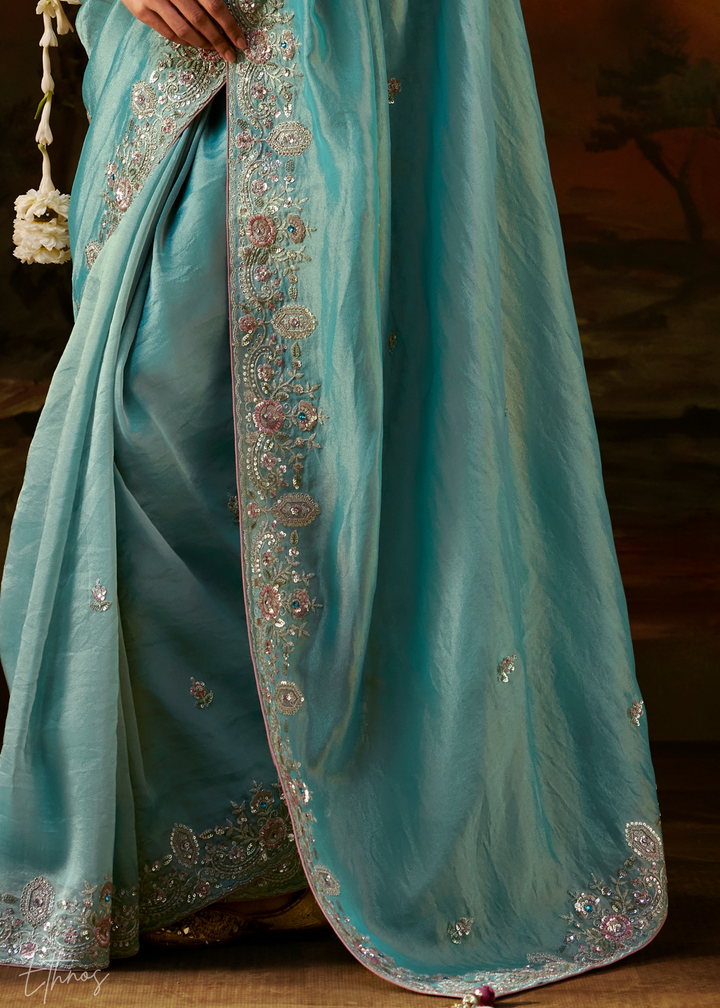 Glacier Blue Tambour Embroidered Border Tissue Saree