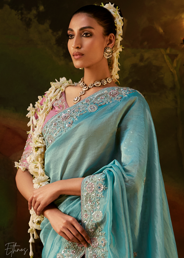 Glacier Blue Tambour Embroidered Border Tissue Saree