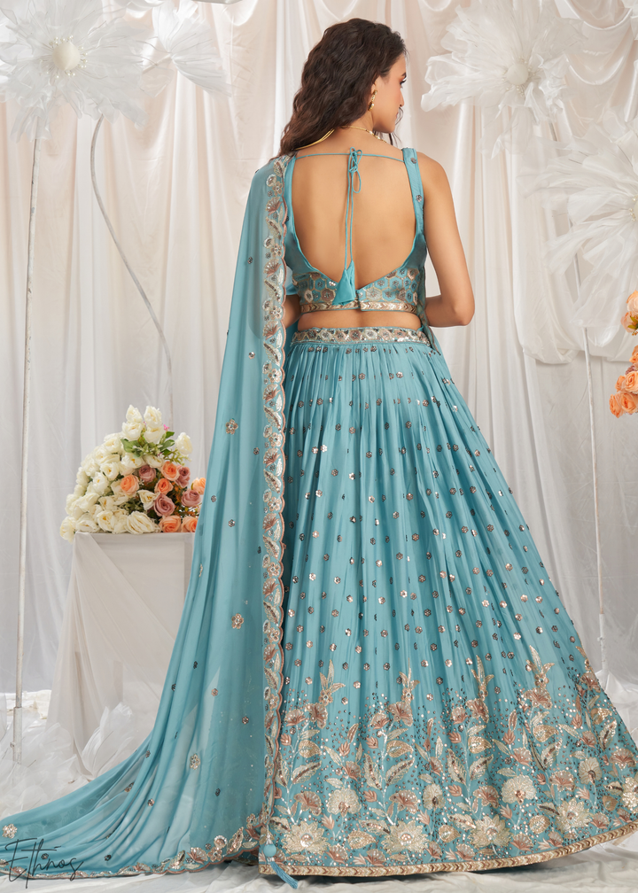 Glacier Blue Whispering Vine Poly Georgette Lehenga