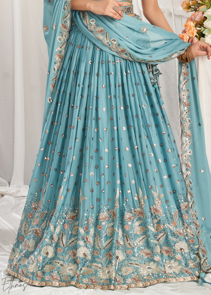Glacier Blue Whispering Vine Poly Georgette Lehenga