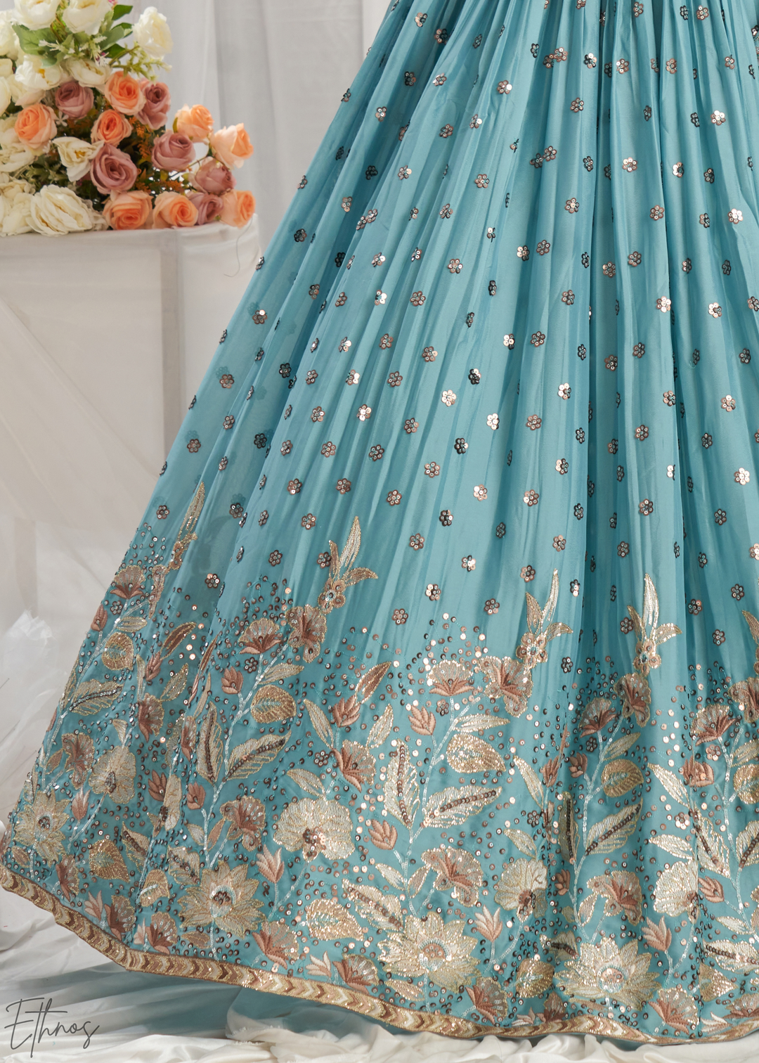 Glacier Blue Whispering Vine Poly Georgette Lehenga