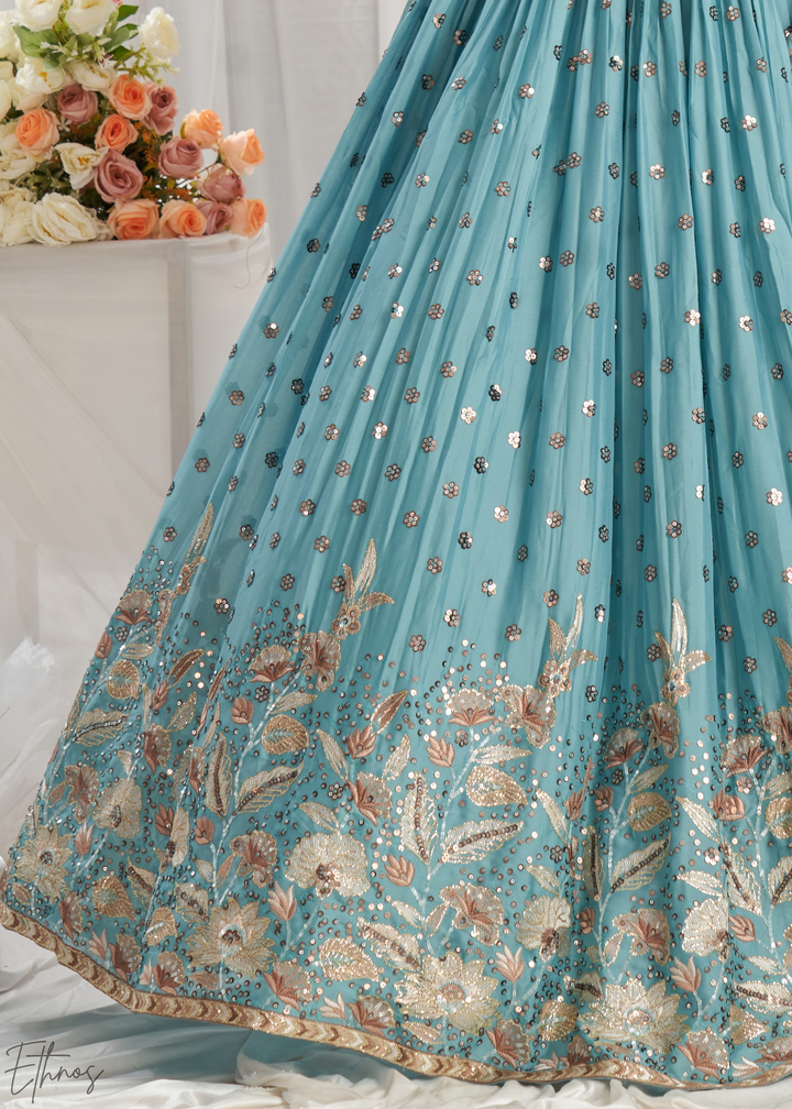 Glacier Blue Whispering Vine Poly Georgette Lehenga