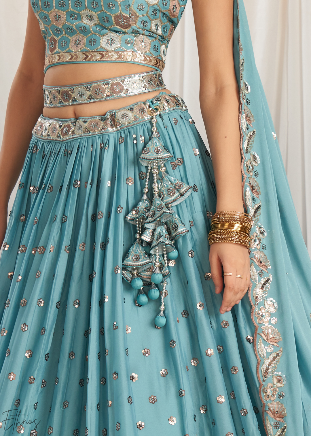 Glacier Blue Whispering Vine Poly Georgette Lehenga
