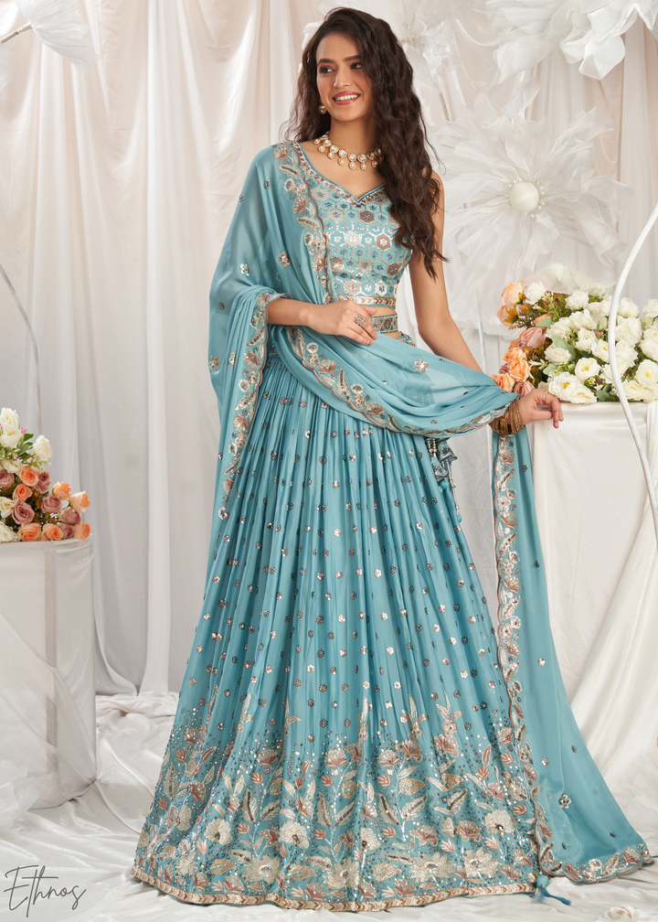 Glacier Blue Whispering Vine Poly Georgette Lehenga