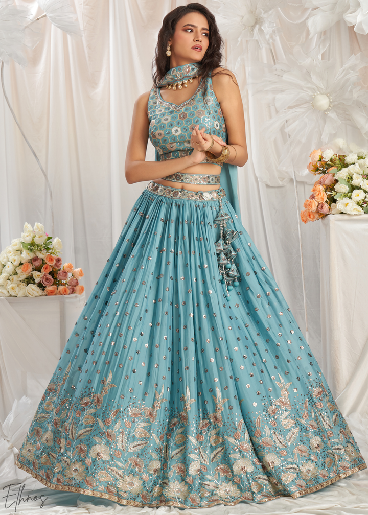 Glacier Blue Whispering Vine Poly Georgette Lehenga