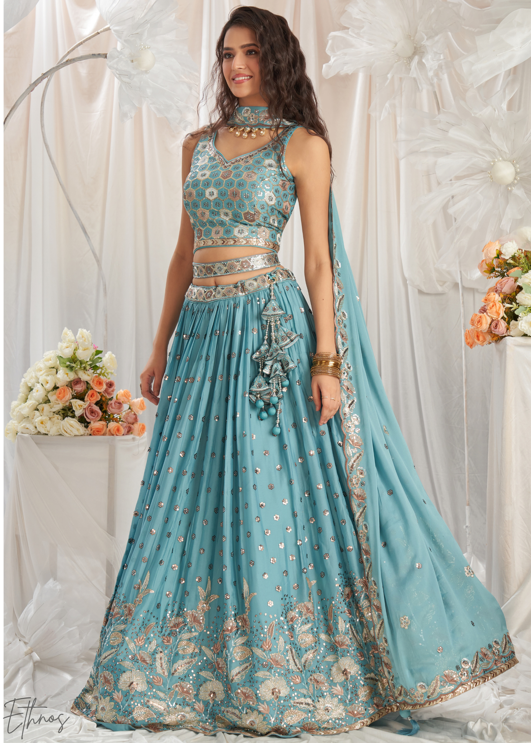 Glacier Blue Whispering Vine Poly Georgette Lehenga