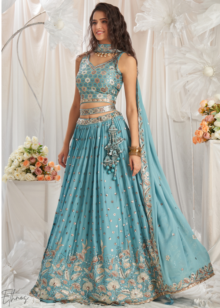 Glacier Blue Whispering Vine Poly Georgette Lehenga