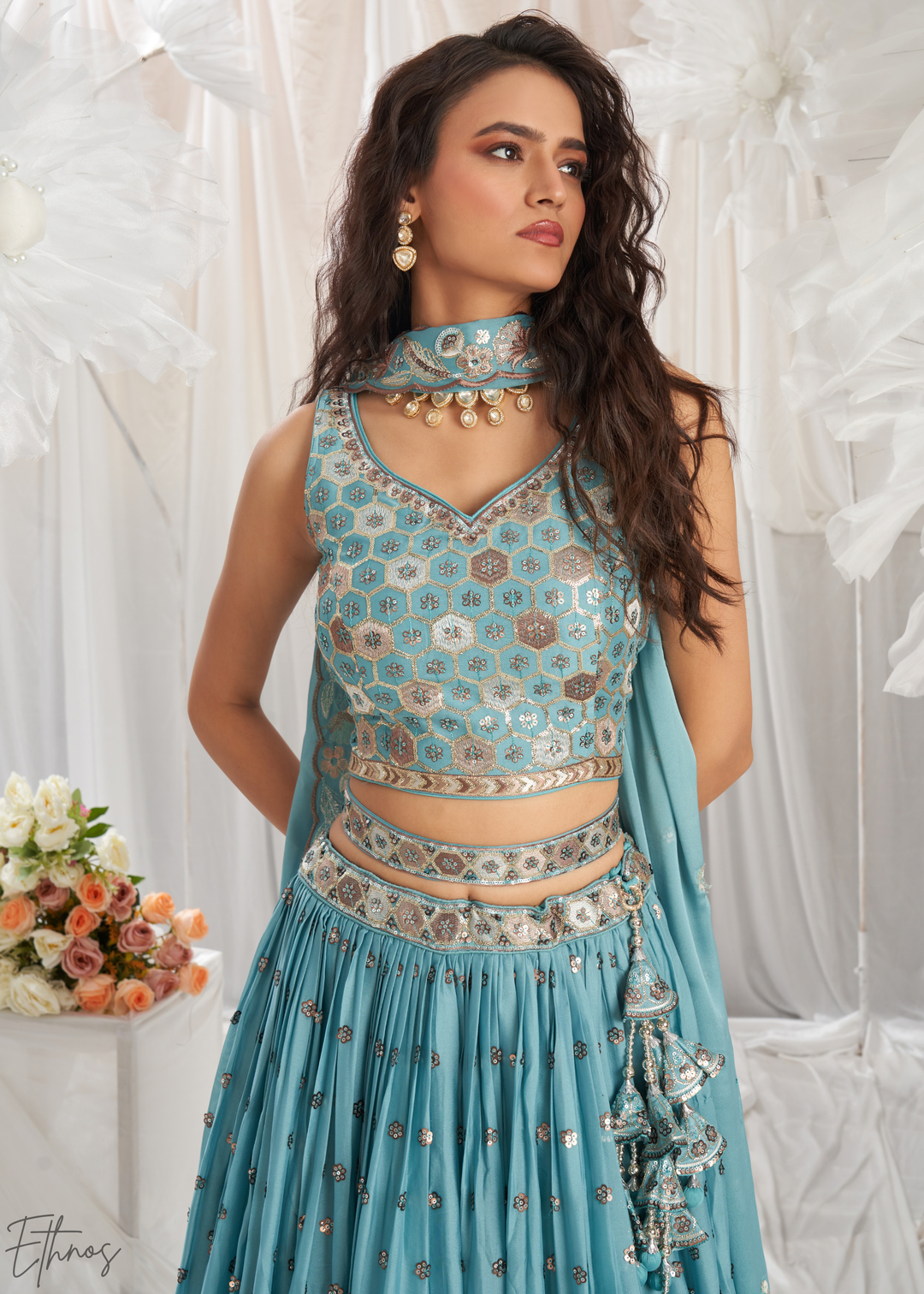 Glacier Blue Whispering Vine Poly Georgette Lehenga