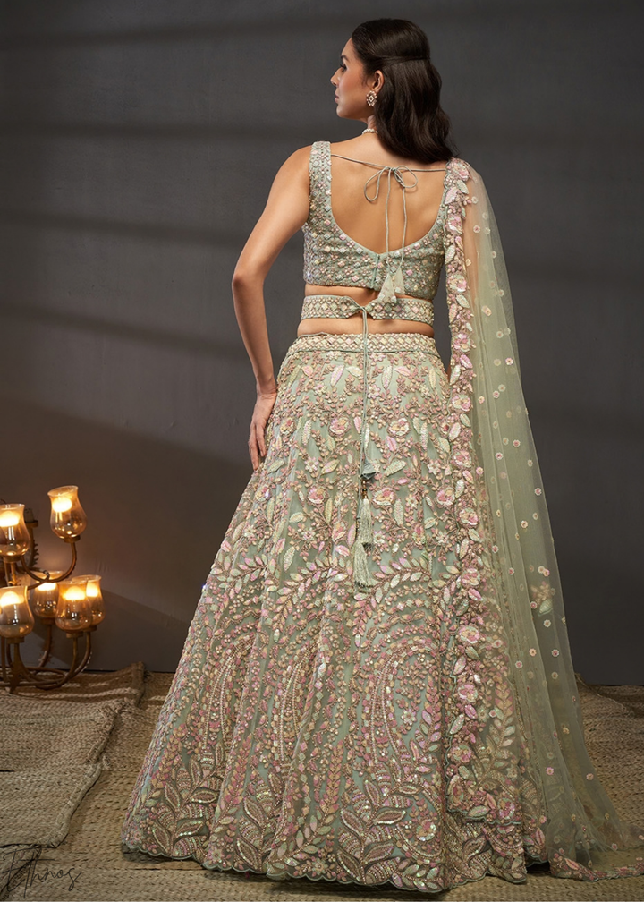 Glacier Mint Gilded Bouquet Net Lehenga