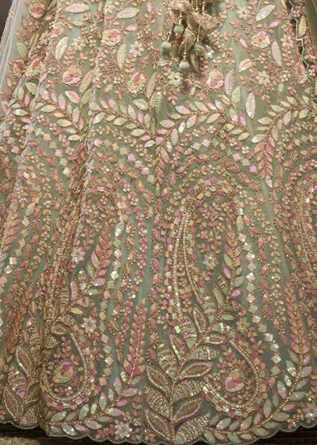 Glacier Mint Gilded Bouquet Net Lehenga
