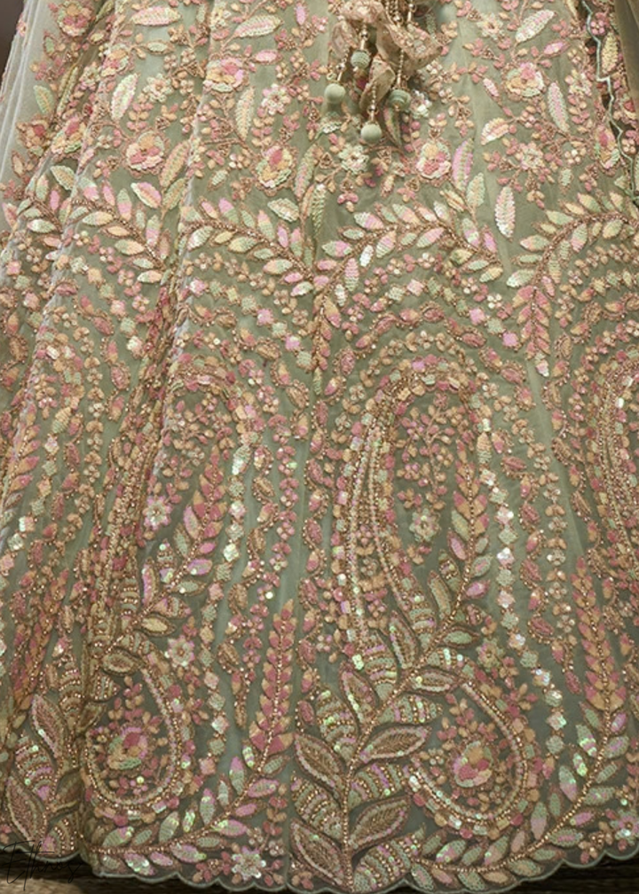 Glacier Mint Gilded Bouquet Net Lehenga