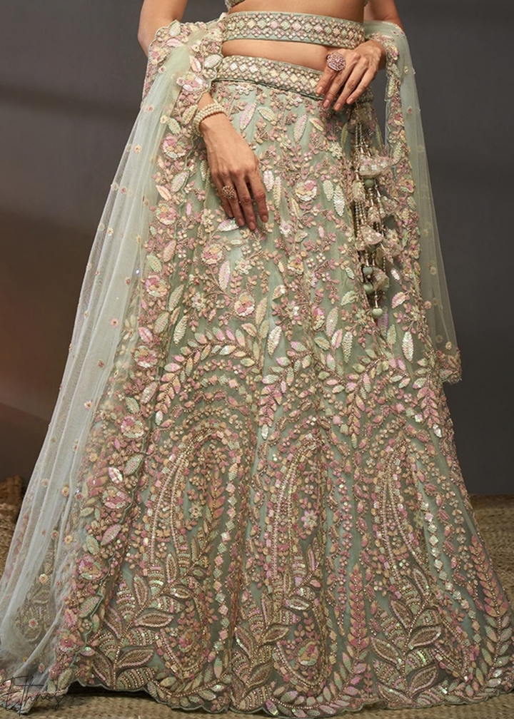 Glacier Mint Gilded Bouquet Net Lehenga