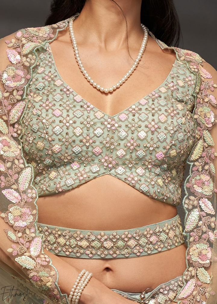 Glacier Mint Gilded Bouquet Net Lehenga