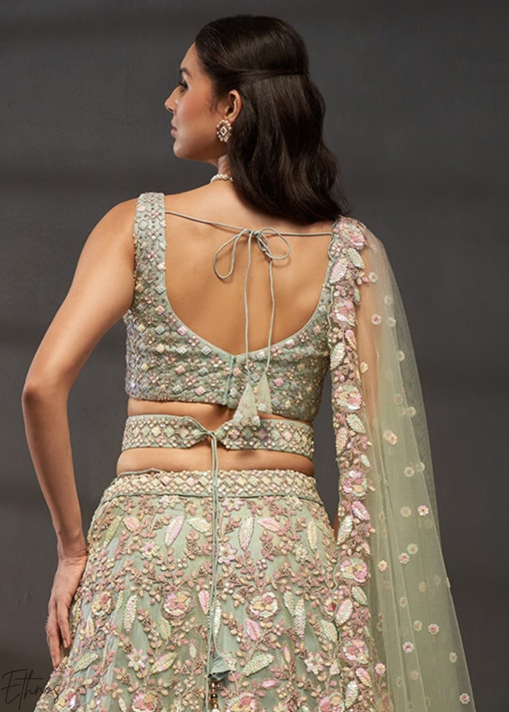Glacier Mint Gilded Bouquet Net Lehenga