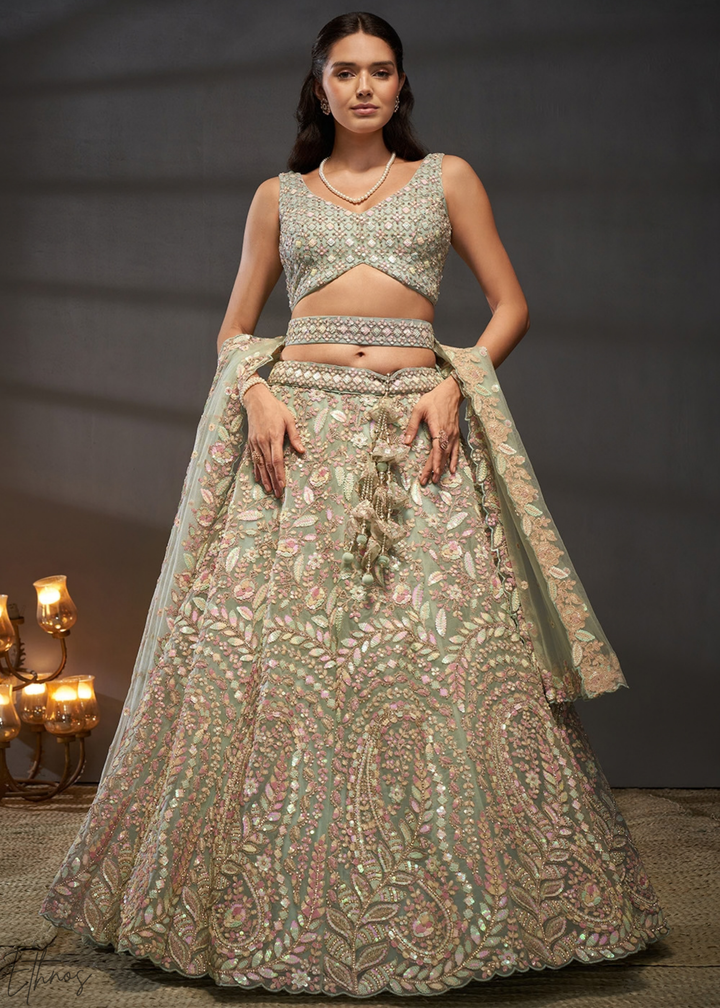 Glacier Mint Gilded Bouquet Net Lehenga