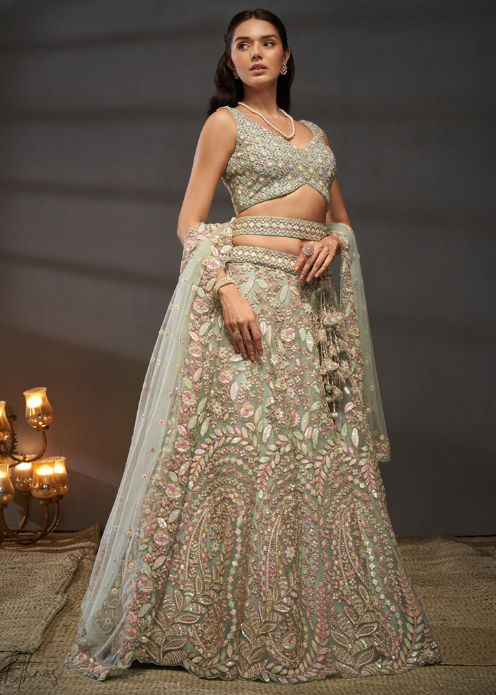 Glacier Mint Gilded Bouquet Net Lehenga