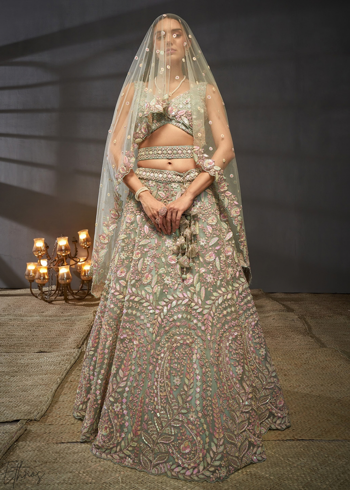 Glacier Mint Gilded Bouquet Net Lehenga