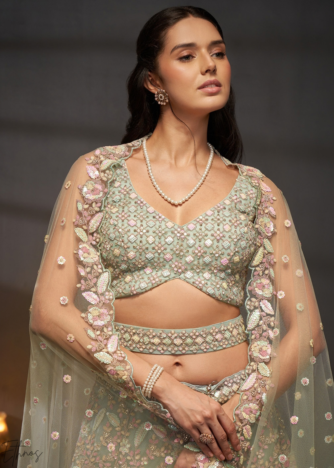 Glacier Mint Gilded Bouquet Net Lehenga